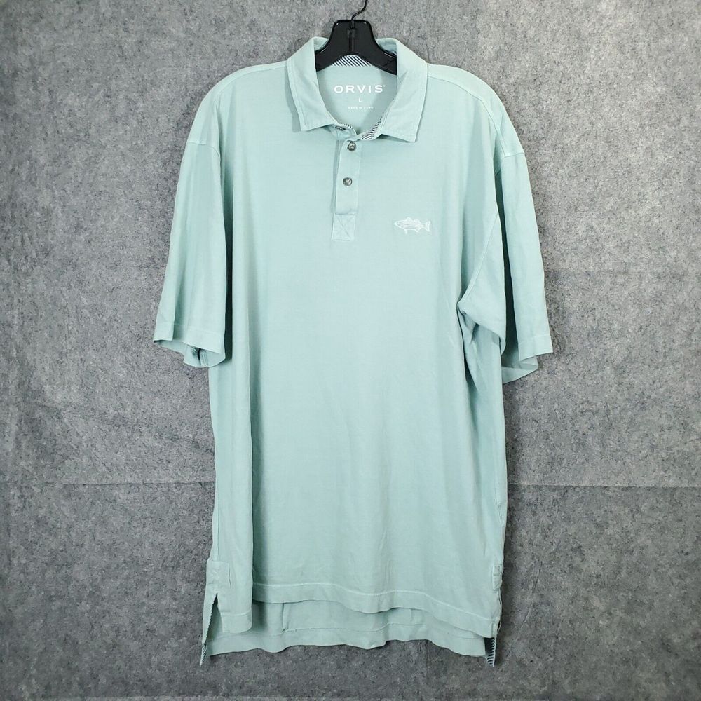 Orvis Polo Shirt Men Large Green Short Sleeve Fly Fishing Button Collared Cotton